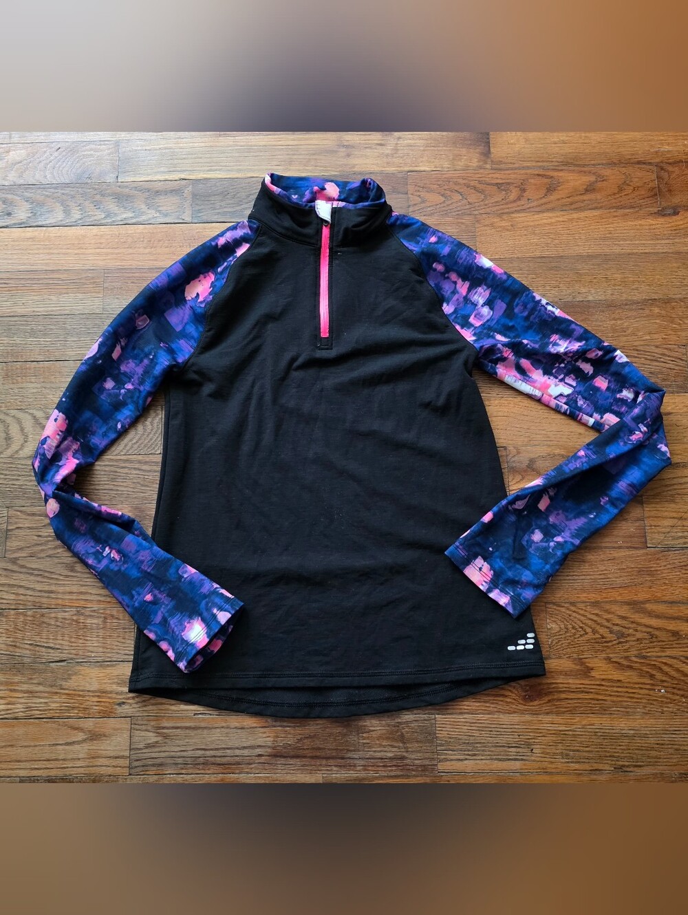 bcg Black Quarter-Zip Top with Purple & Pink Patterned Sleeves